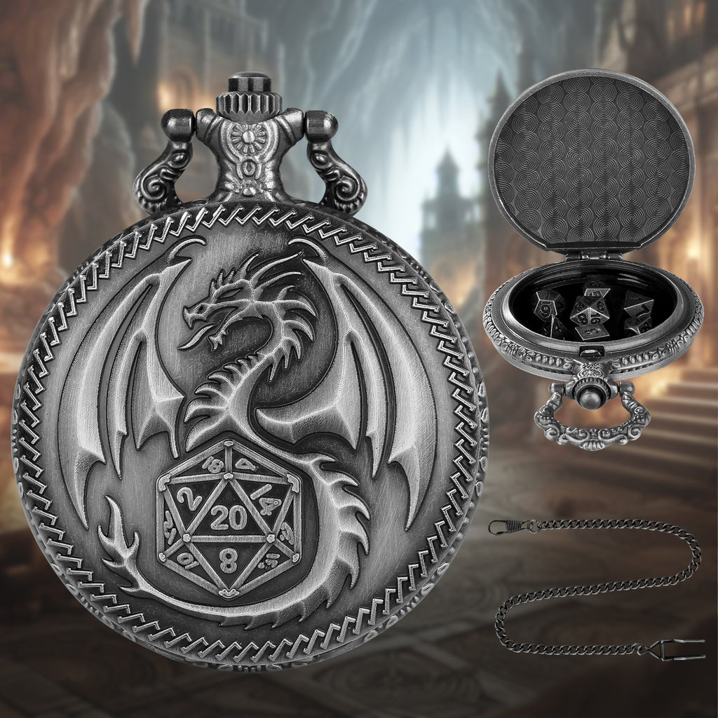 Creative Thick Chain Pocket Watch Set, Equipped With 7 Mini DND Game Polyhedral Metal Dice Tabletop Role-playing Game Dice, Enhancing RPG Gaming Exper