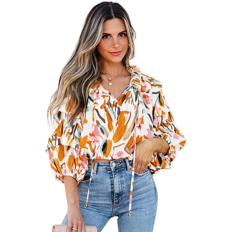 Colorblock V-Neck Chiffon Blouse
