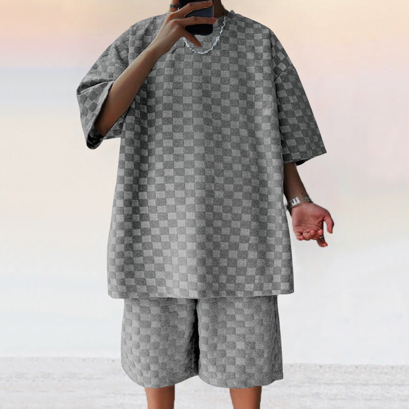 Jacquard Plaid Loose Straight Casual Shorts Suit