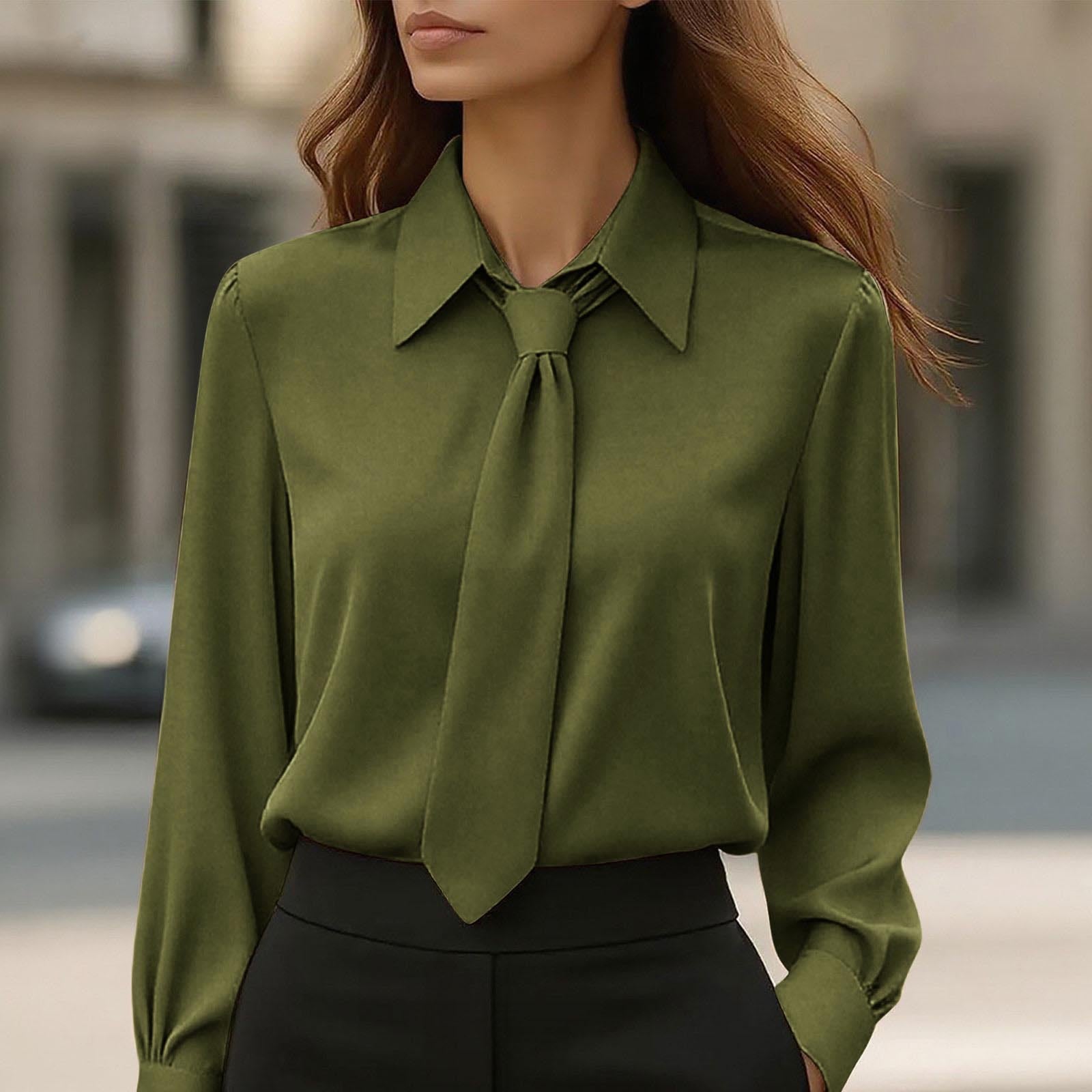 Womens Solid-Color Casual Tie Long-Sleeve French-Collar Shirt