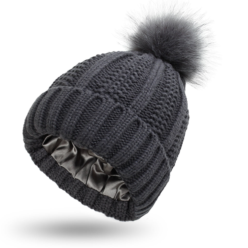 Satin-Lined Pom-Pom Beanie