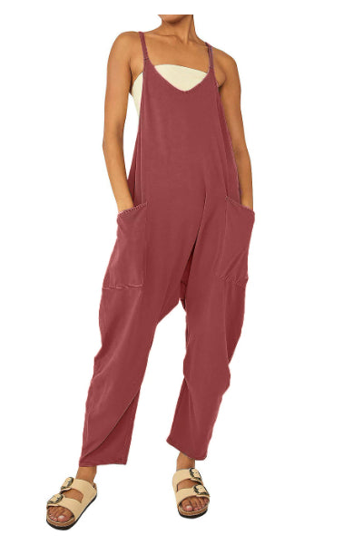 Women's Pocket Spaghetti Straps Knitted One-piece Trousers