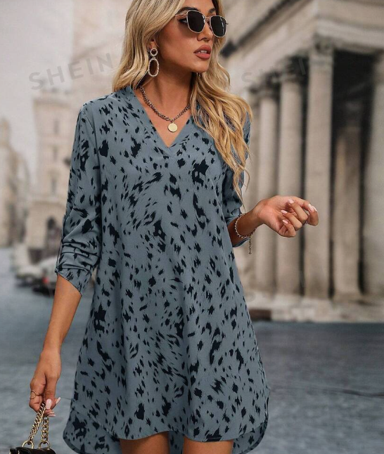 Allover Print Roll Up Sleeve Dress Ladies Casual High Low Long Sleeve V Neck Regular Fit Short Apricot Roll Up Sleeve All Over Print Tunic Women Short