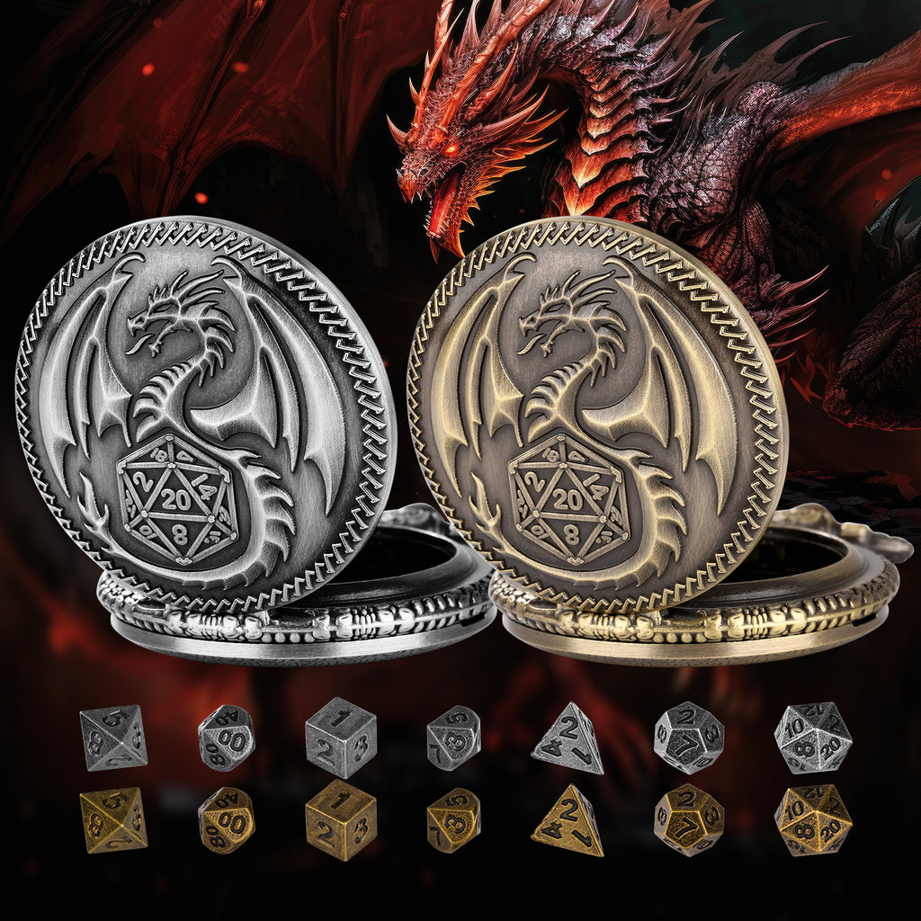 Creative Thick Chain Pocket Watch Set, Equipped With 7 Mini DND Game Polyhedral Metal Dice Tabletop Role-playing Game Dice, Enhancing RPG Gaming Exper