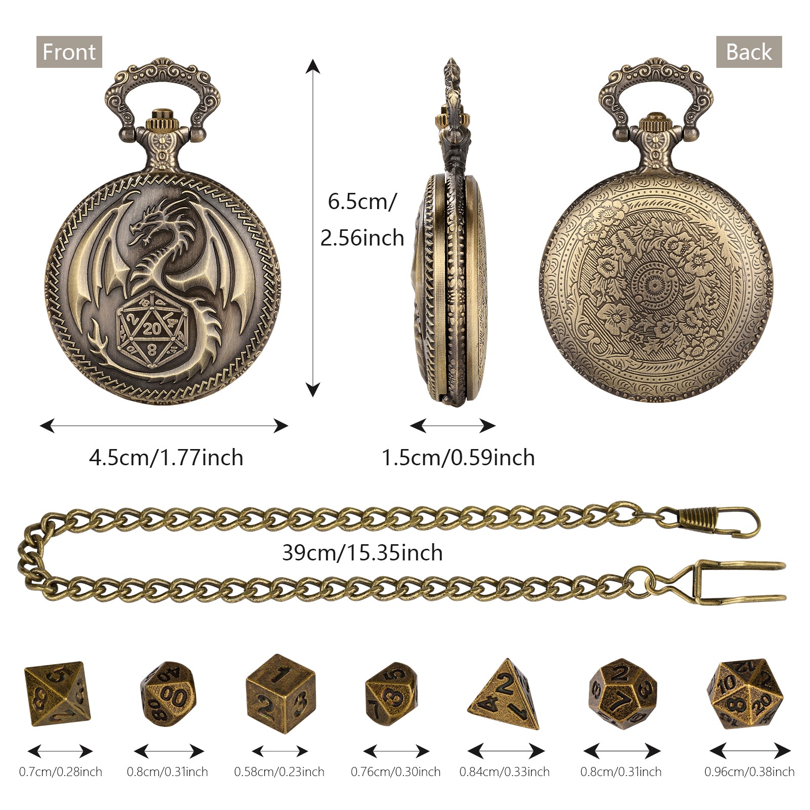 Creative Thick Chain Pocket Watch Set, Equipped With 7 Mini DND Game Polyhedral Metal Dice Tabletop Role-playing Game Dice, Enhancing RPG Gaming Exper