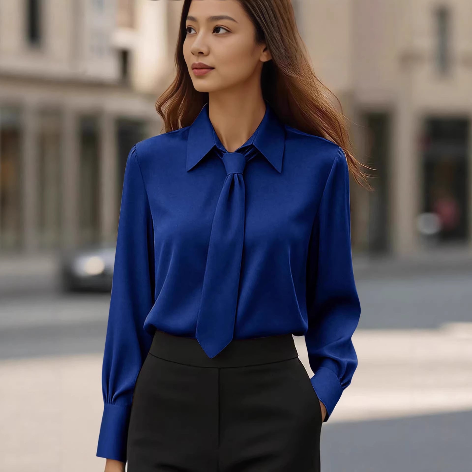 Womens Solid-Color Casual Tie Long-Sleeve French-Collar Shirt