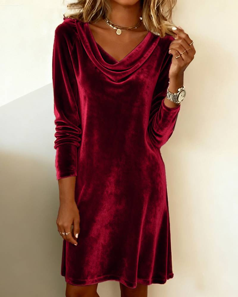 Elegant Solid Color Swing Collar Long Sleeved Velvet Dress Temperament Gentle Skirts For Women Cocktail Party Formal Dresses