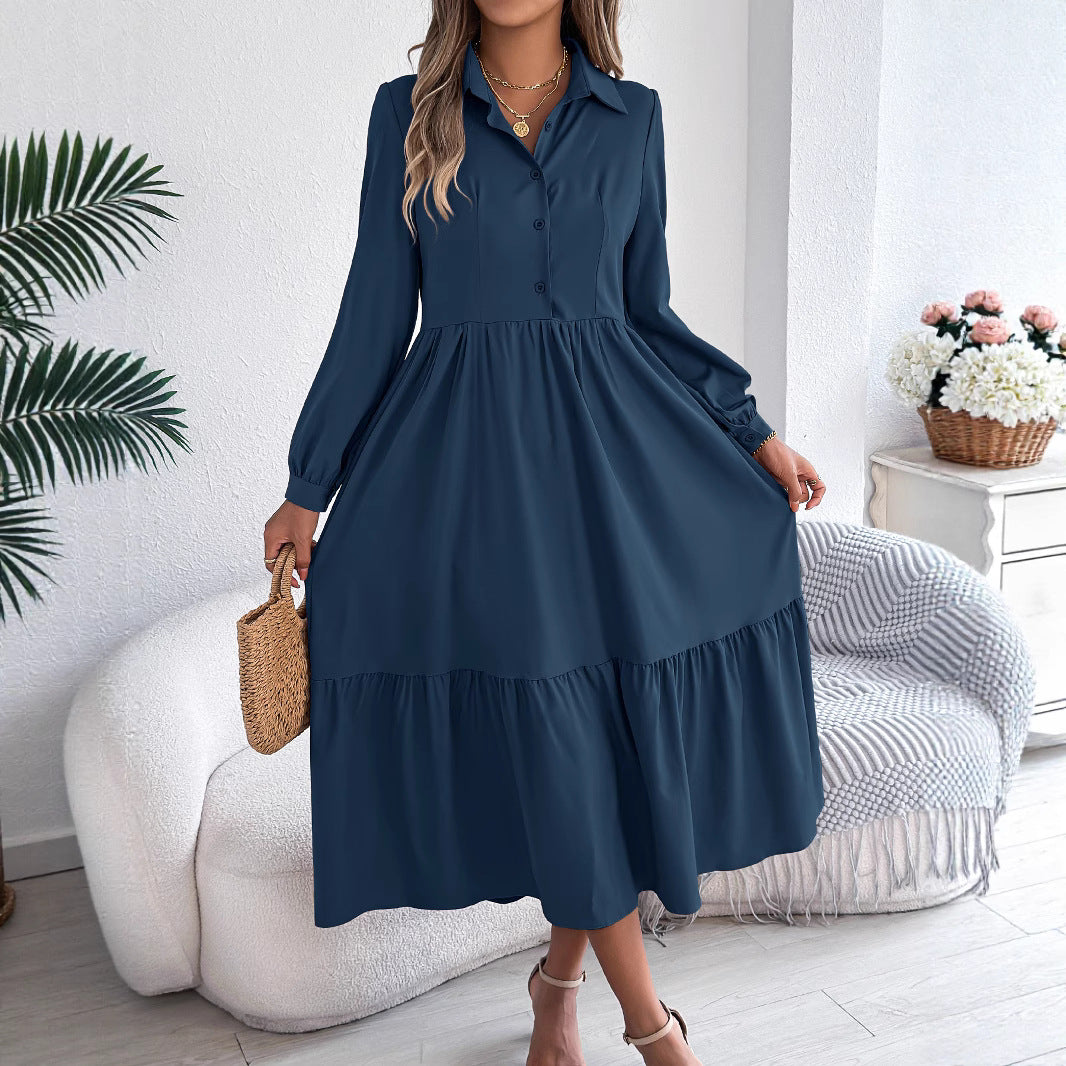 Women's Lapel Casual Loose Long Sleeve Ruffled Shirt Dresses Long Sleeved Turn-down Collar Single-Breasted Dress Spring Autumn Fashion Women's Clothin