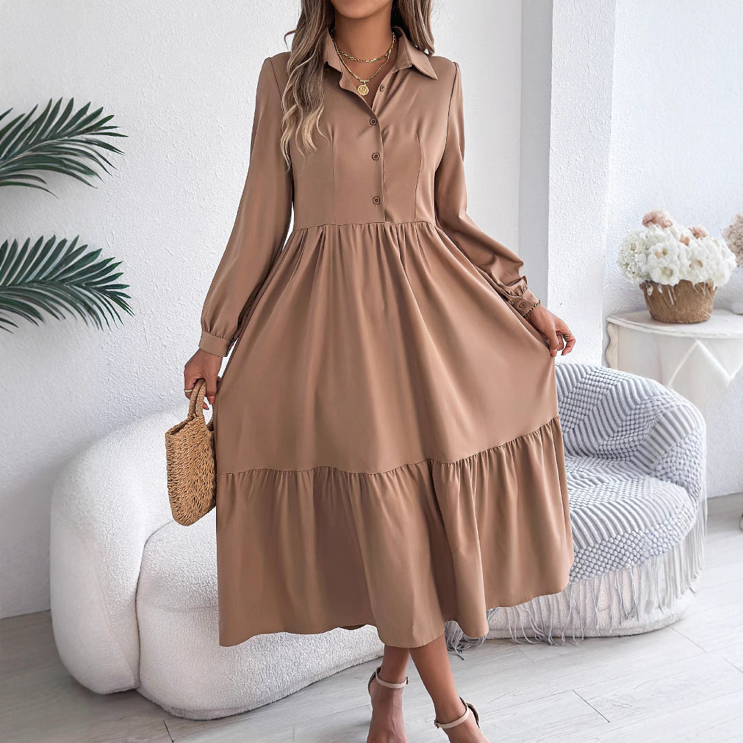 Women's Lapel Casual Loose Long Sleeve Ruffled Shirt Dresses Long Sleeved Turn-down Collar Single-Breasted Dress Spring Autumn Fashion Women's Clothin