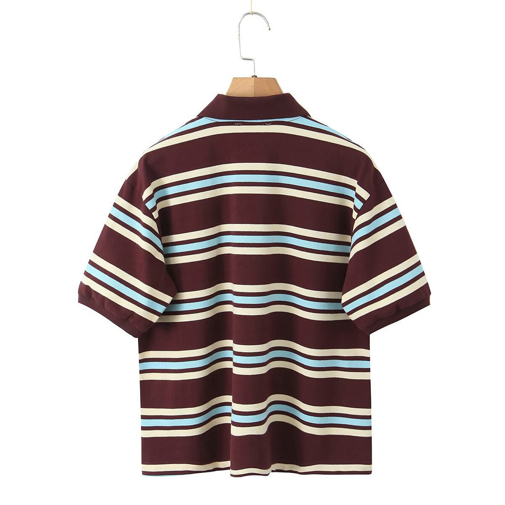 Retro Contrast Color Pure Cotton Striped Polo Shirt