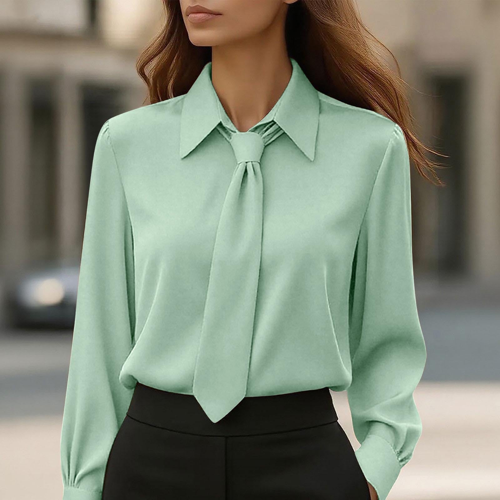 Womens Solid-Color Casual Tie Long-Sleeve French-Collar Shirt