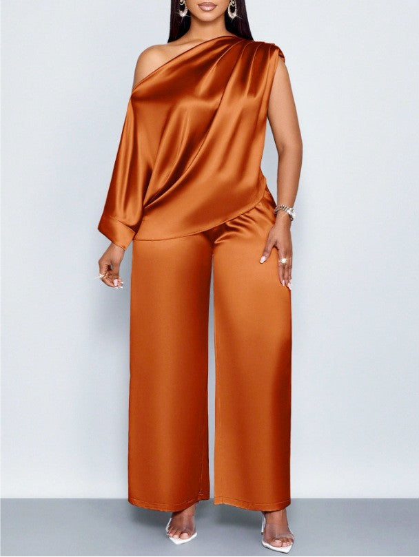Long-sleeved Suit Off-shoulder Pullover Shirt Top And Loose Straight-leg Trousers Women's Clothing