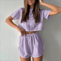 2pcs Casual Hollow Suit With Short-sleeved Crop Top And Elastic Slit Shorts Summer Fashion Sport Clothing For Women