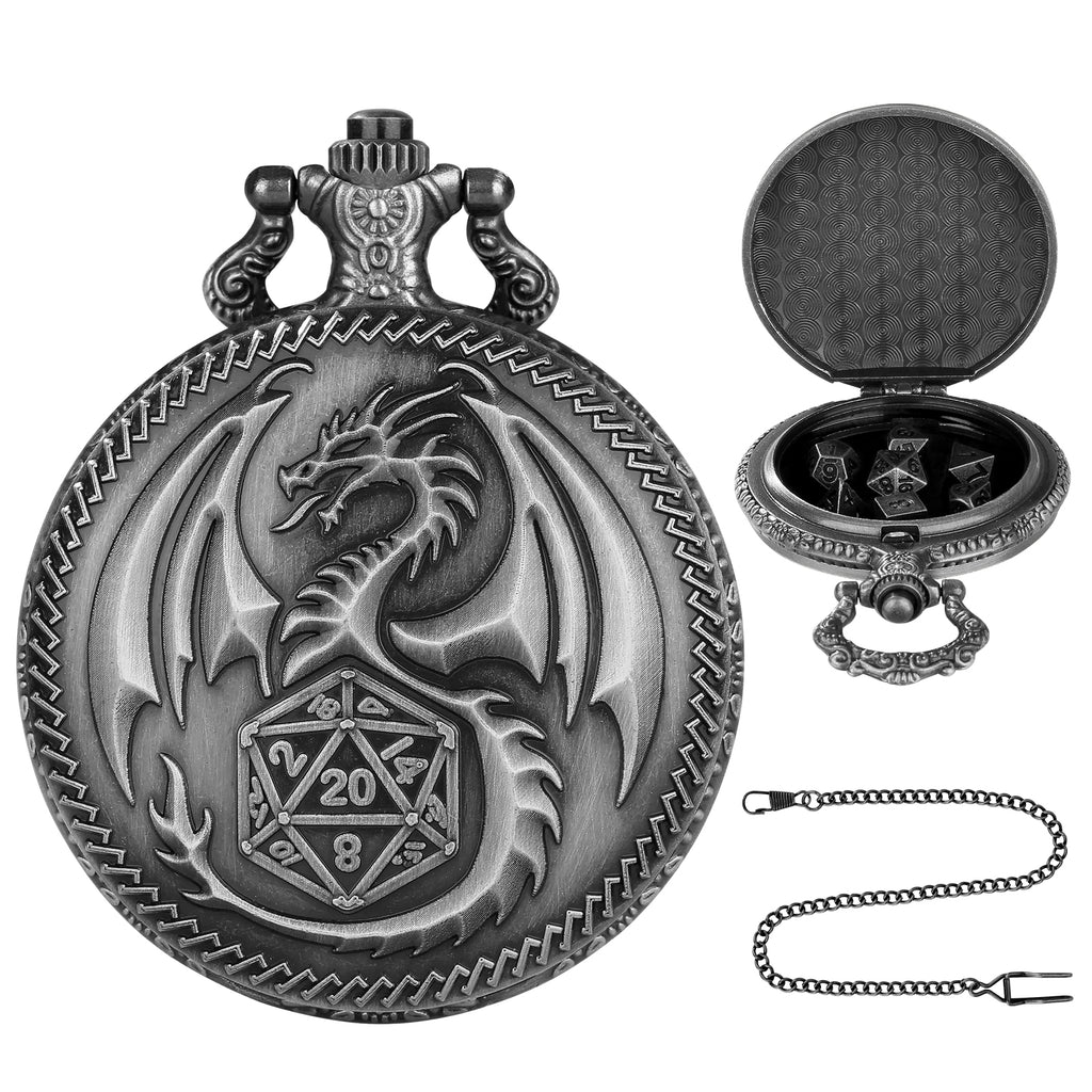 Creative Thick Chain Pocket Watch Set, Equipped With 7 Mini DND Game Polyhedral Metal Dice Tabletop Role-playing Game Dice, Enhancing RPG Gaming Exper