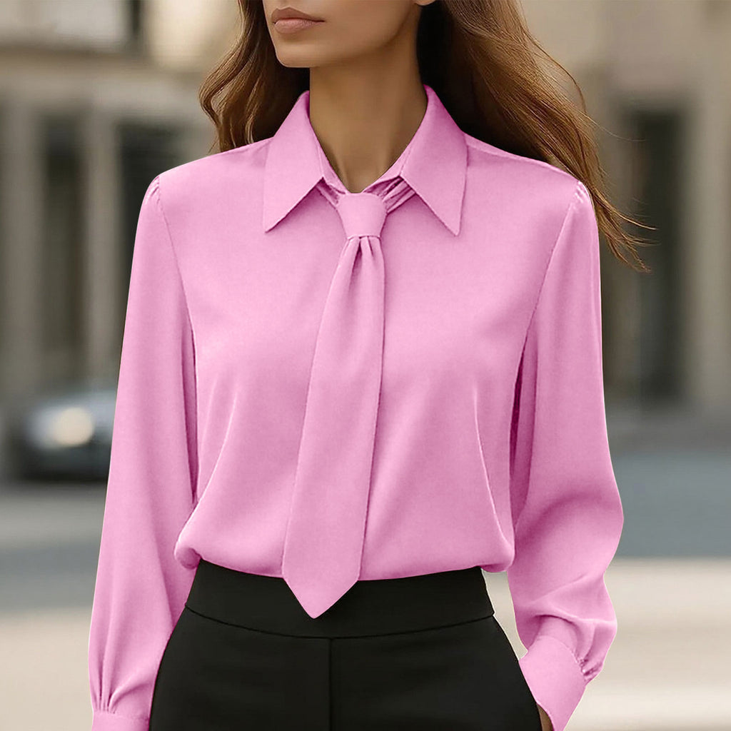 Womens Solid-Color Casual Tie Long-Sleeve French-Collar Shirt