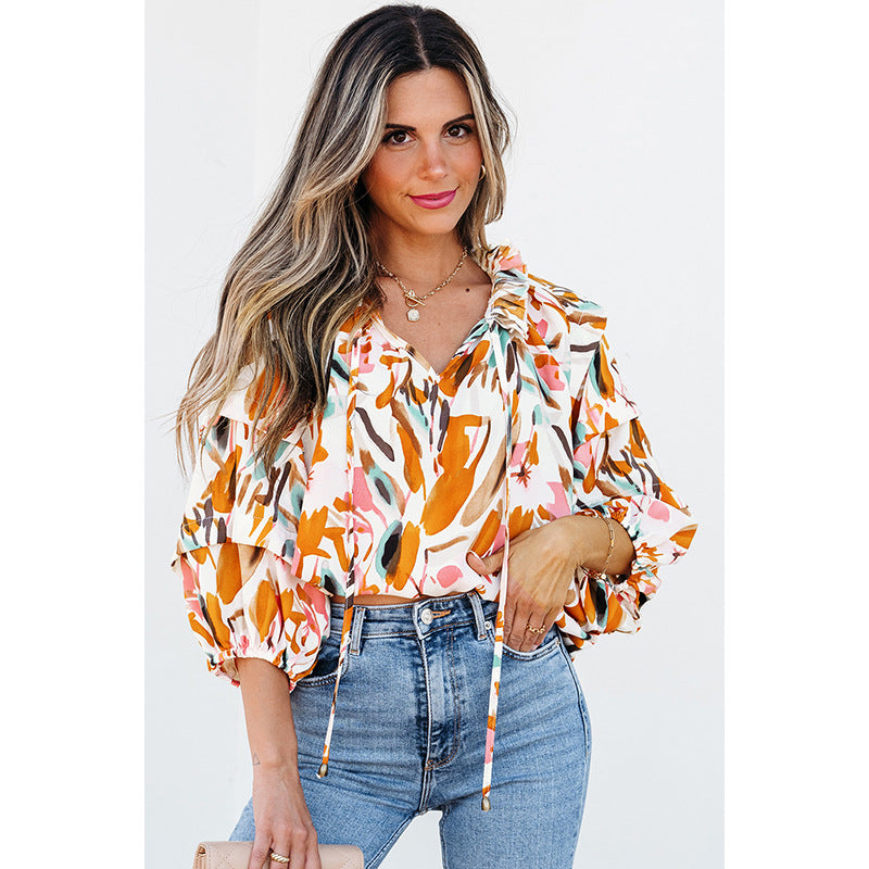 Colorblock V-Neck Chiffon Blouse