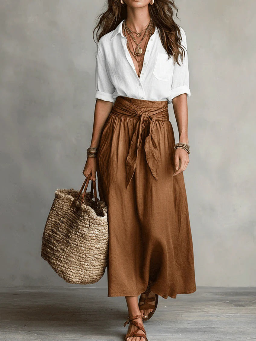 Summer Short-Sleeve Suits Fashion Casual Button-Down Shirt Top And Straight Skirt Women's Two-Piece Set