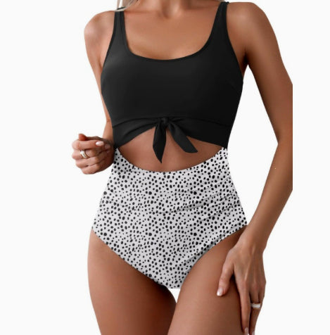One-piece Female Stitching Contrast Color Strap Covered Belly Swimsuit