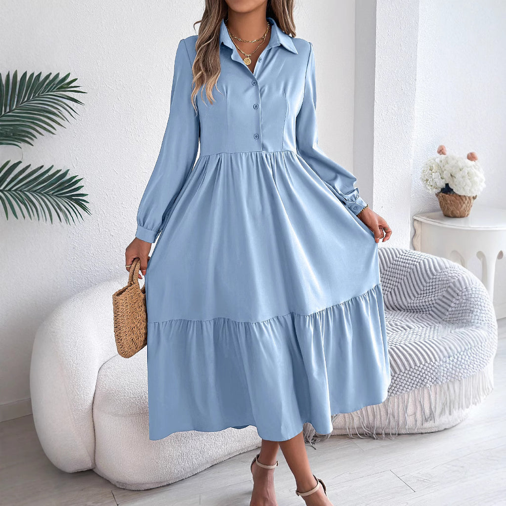 Women's Lapel Casual Loose Long Sleeve Ruffled Shirt Dresses Long Sleeved Turn-down Collar Single-Breasted Dress Spring Autumn Fashion Women's Clothin