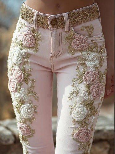 Retro Embroidery Art Print Casual Pants