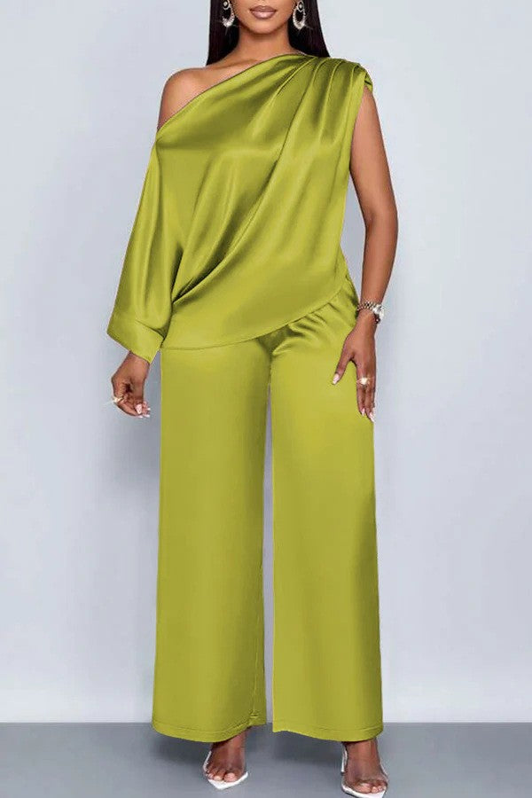 Long-sleeved Suit Off-shoulder Pullover Shirt Top And Loose Straight-leg Trousers Women's Clothing