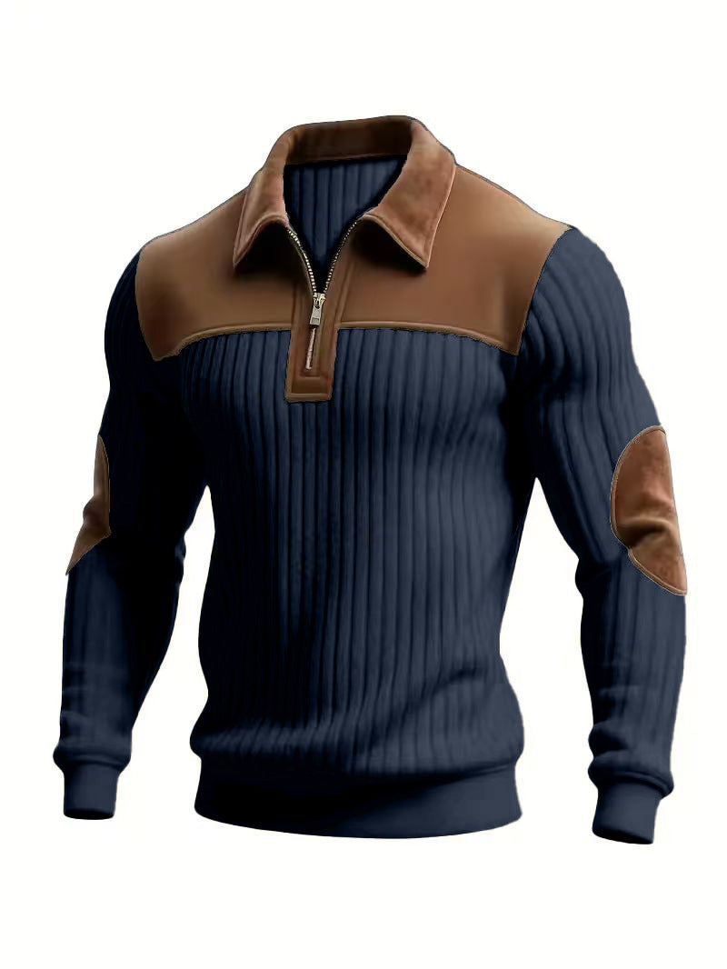 Notched-collar Patchwork Knit Top With Embroidered Zipper Hoodie