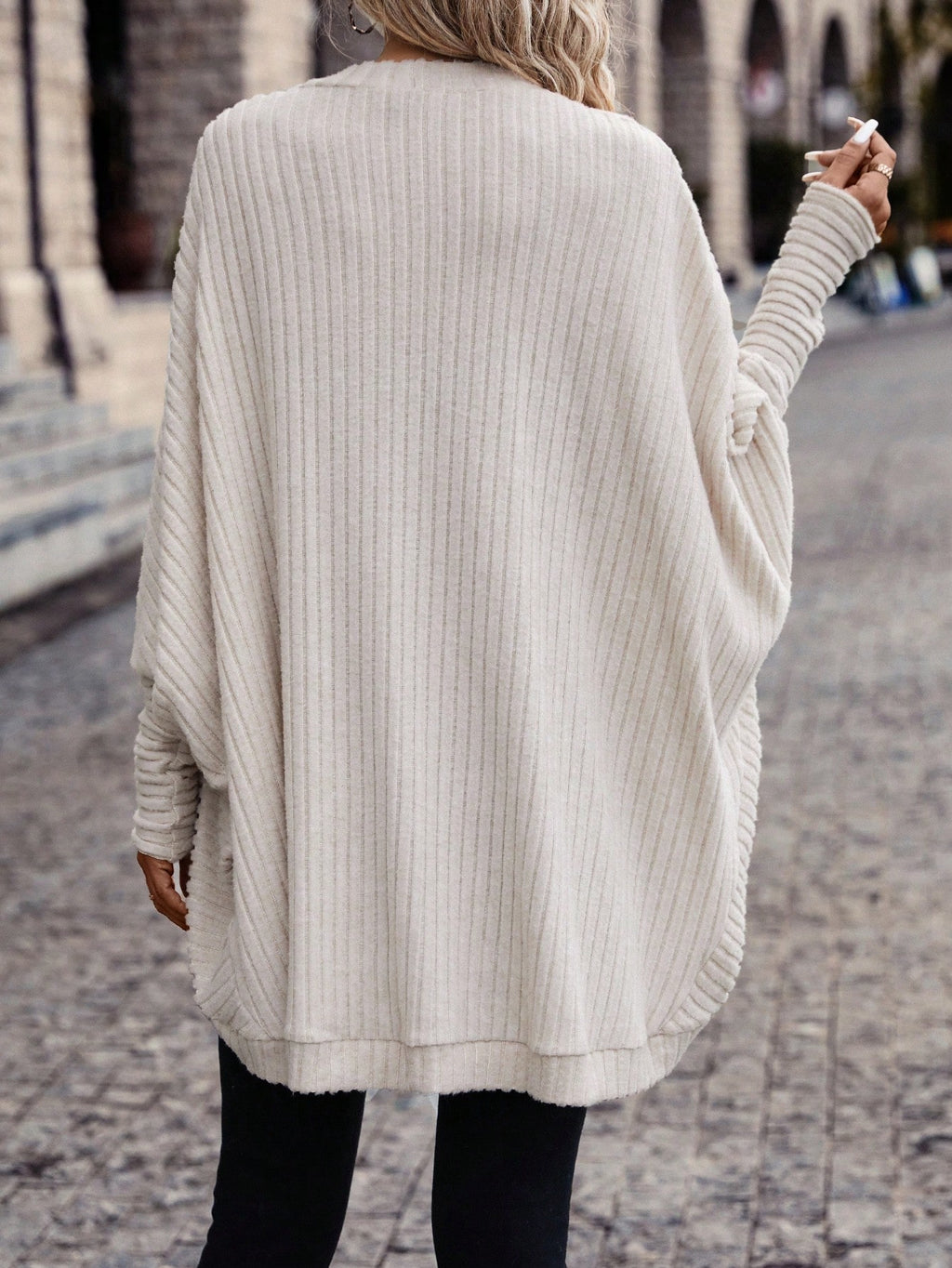 Women Solid Color Batwing Sleeve Open Front Casual Jacket
