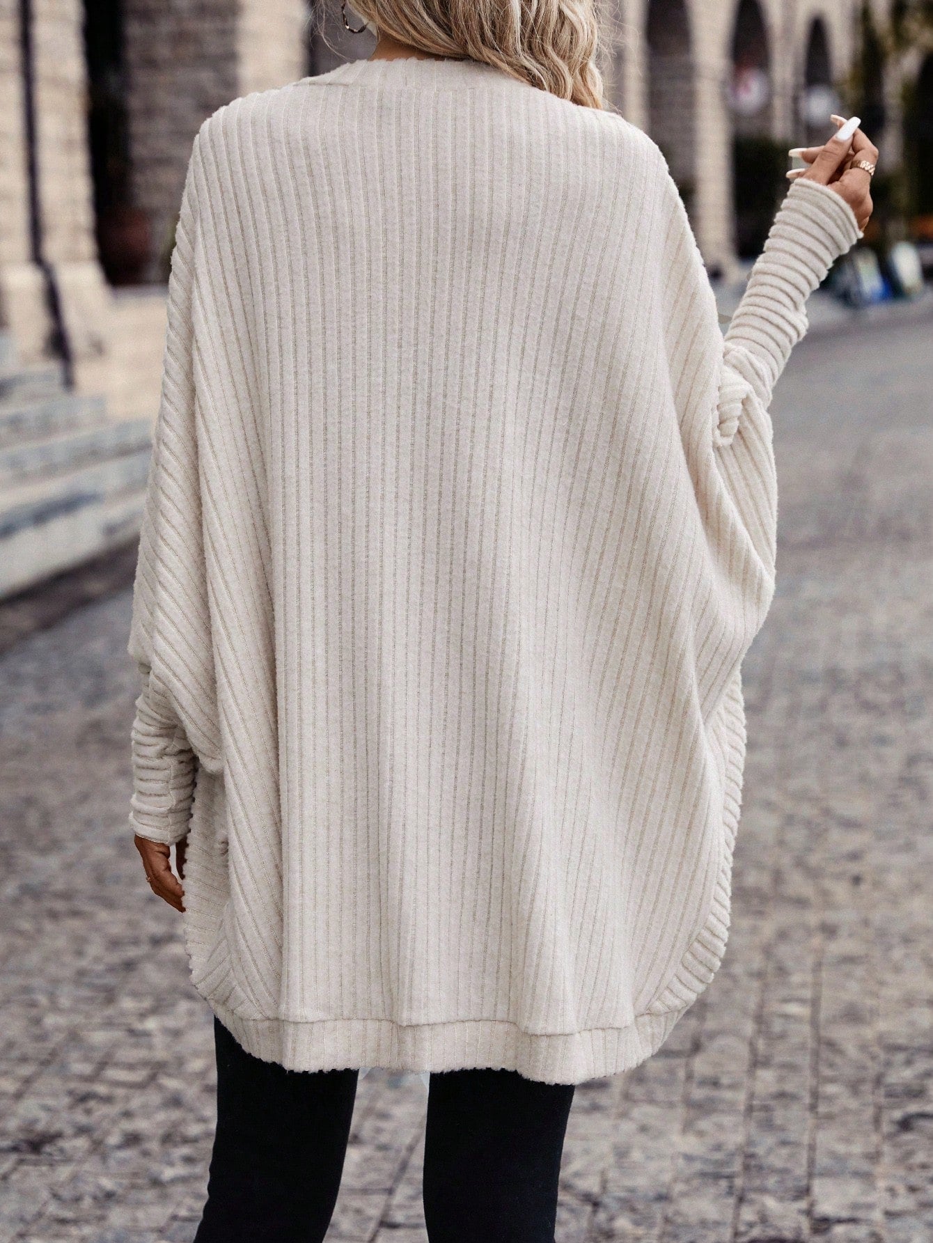 Women Solid Color Batwing Sleeve Open Front Casual Jacket