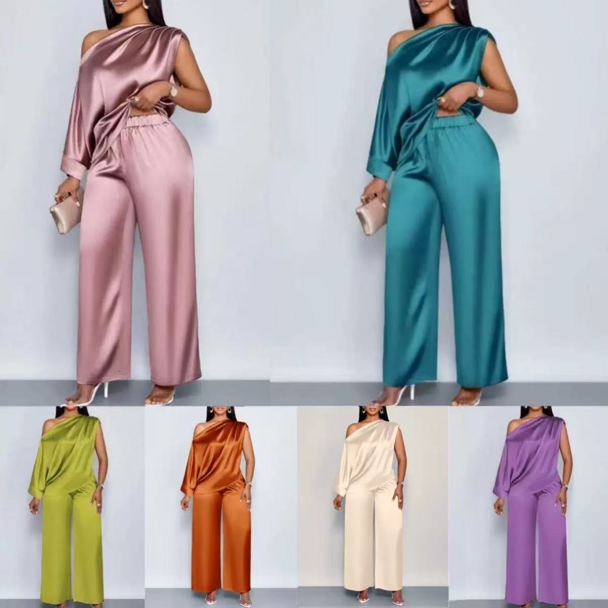 Long-sleeved Suit Off-shoulder Pullover Shirt Top And Loose Straight-leg Trousers Women's Clothing