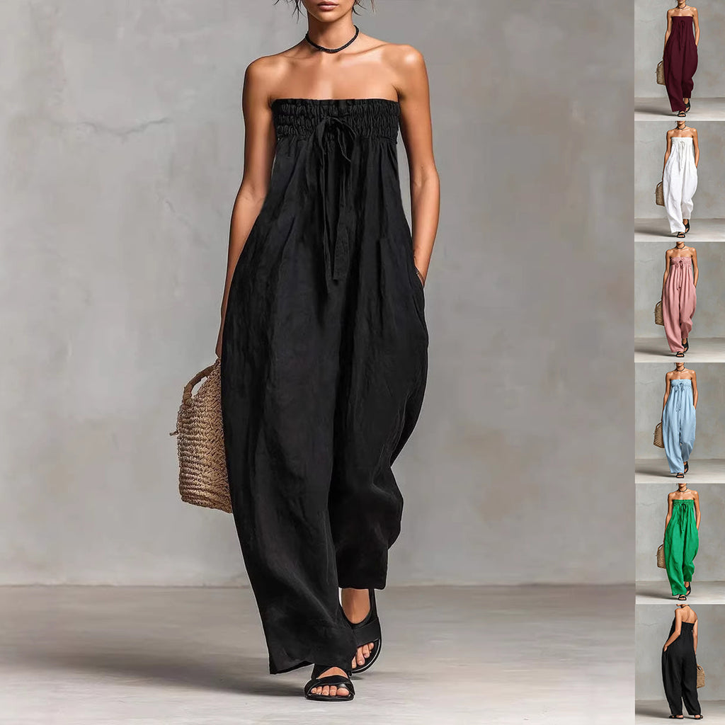 Women's Strapless Ruched Jumpsuit Summer Fashion Tie-up Loose Straight-leg Jumpsuit