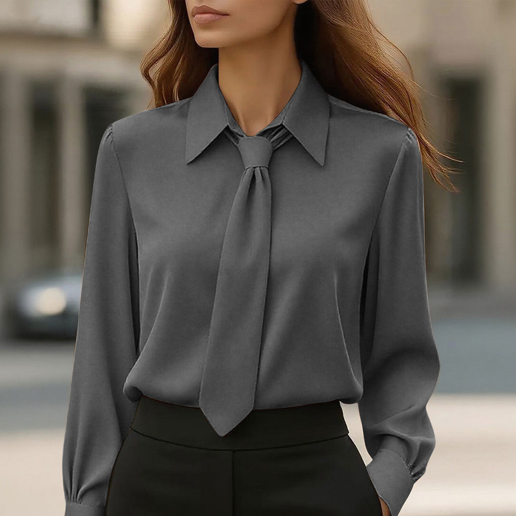 Womens Solid-Color Casual Tie Long-Sleeve French-Collar Shirt