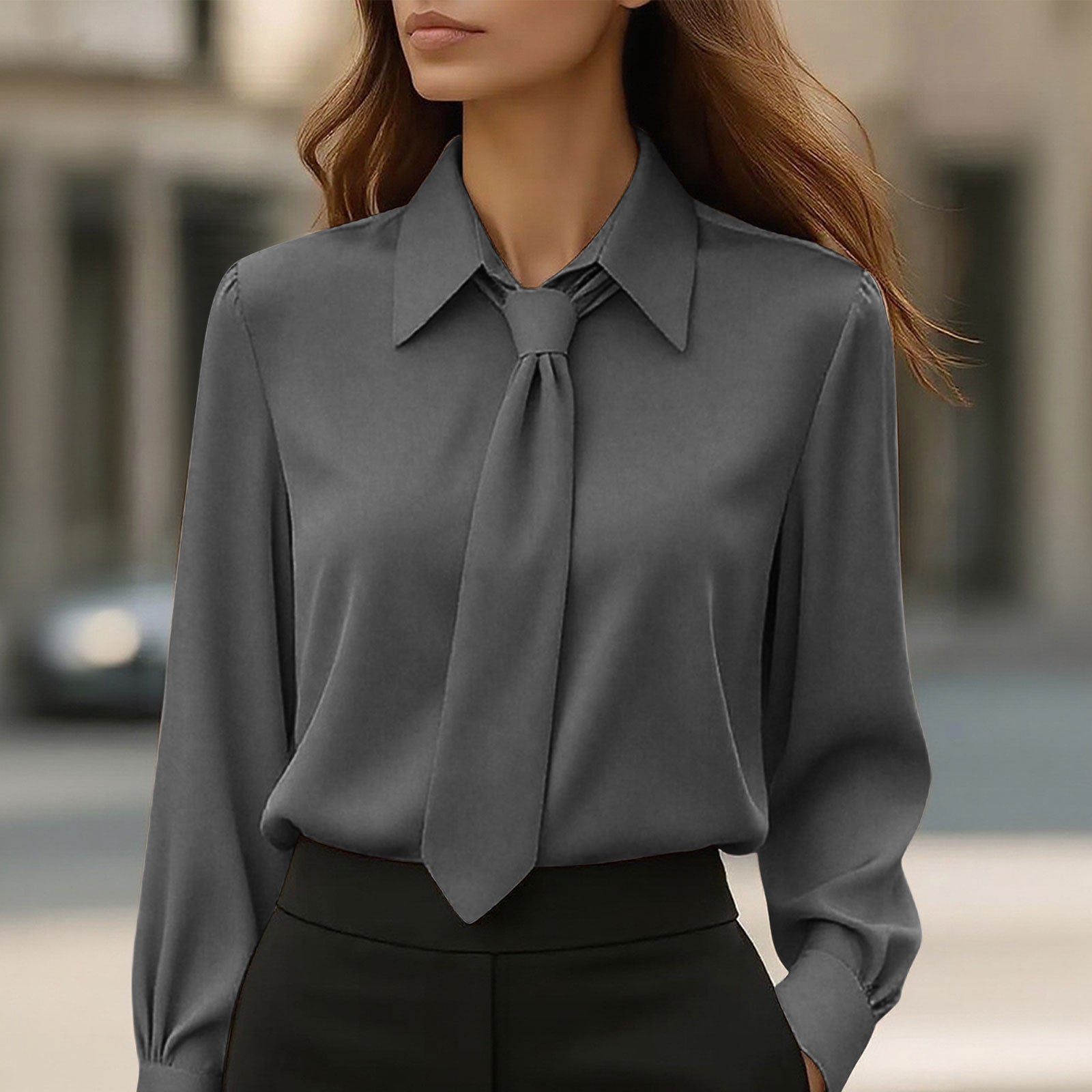 Womens Solid-Color Casual Tie Long-Sleeve French-Collar Shirt