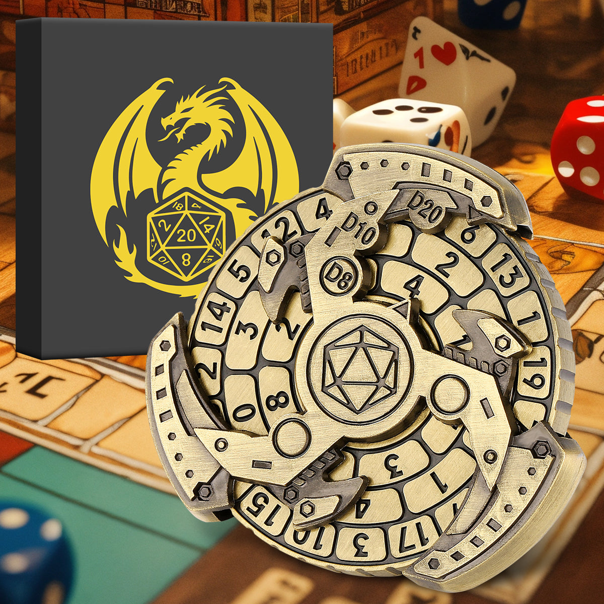 Wind And Fire Wheel DND Dice Wheel Gift Box Set, Fingertip Gyro Retro Compass Table Role Playing Game Dice, Parent Child Game, Toy Accessories Gift, M