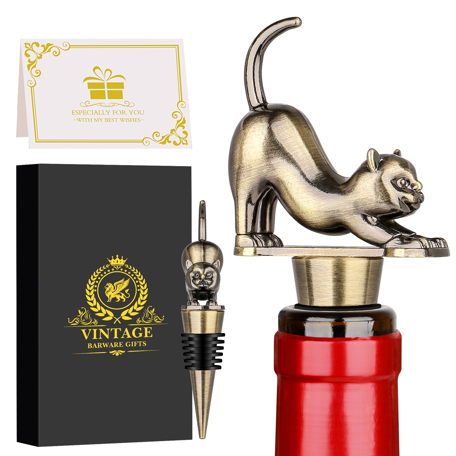 Elegant Upturned Cat Shaped Red Wine Stopper Set With Metallic Luster Bottle Stopper Gift Box, High-end Accessories For Wine Enthusiasts, A Must-have
