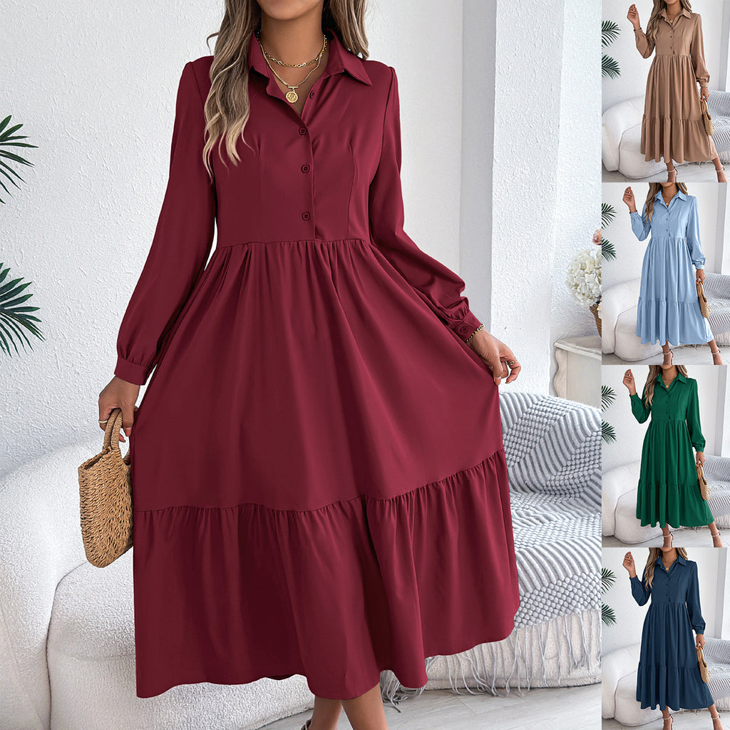 Women's Lapel Casual Loose Long Sleeve Ruffled Shirt Dresses Long Sleeved Turn-down Collar Single-Breasted Dress Spring Autumn Fashion Women's Clothin