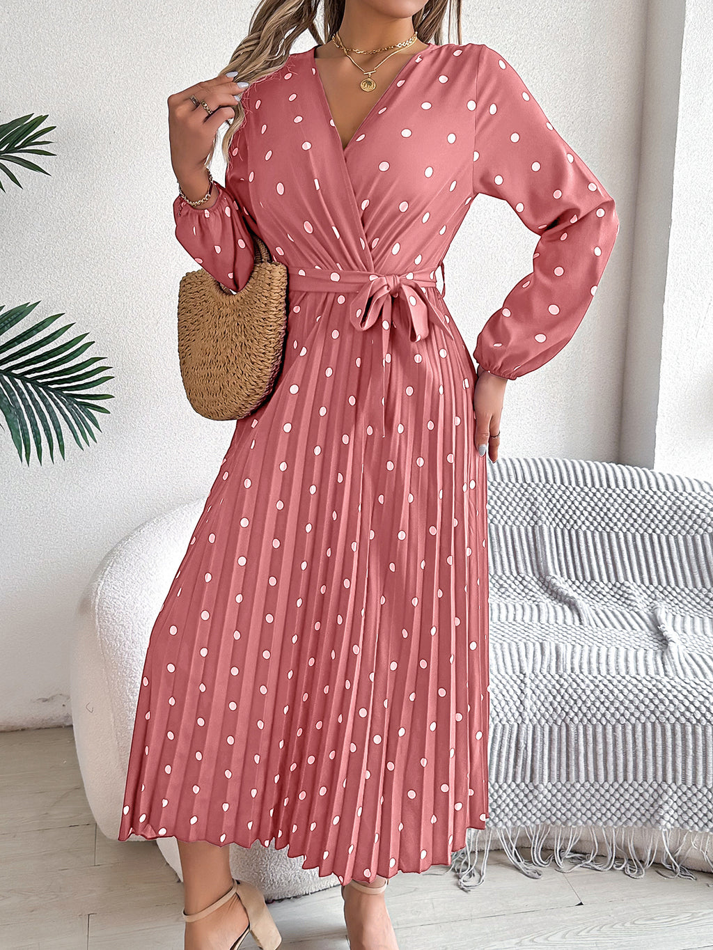Spring Summer Elegant Long Dress Cross V-Neck Contrast Polka Dot Long Sleeve Pleated Bridesmaid Dresses