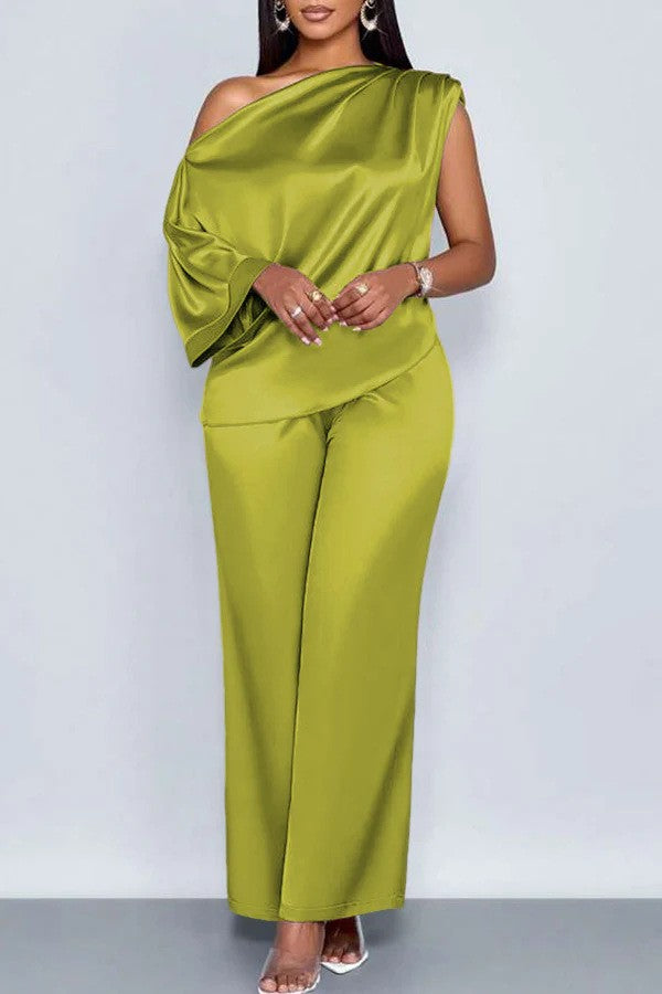 Long-sleeved Suit Off-shoulder Pullover Shirt Top And Loose Straight-leg Trousers Women's Clothing