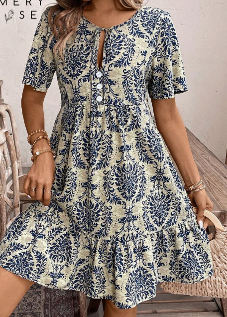 Unity Tied Leisure Vacation Dress With Doll Floral Pattern