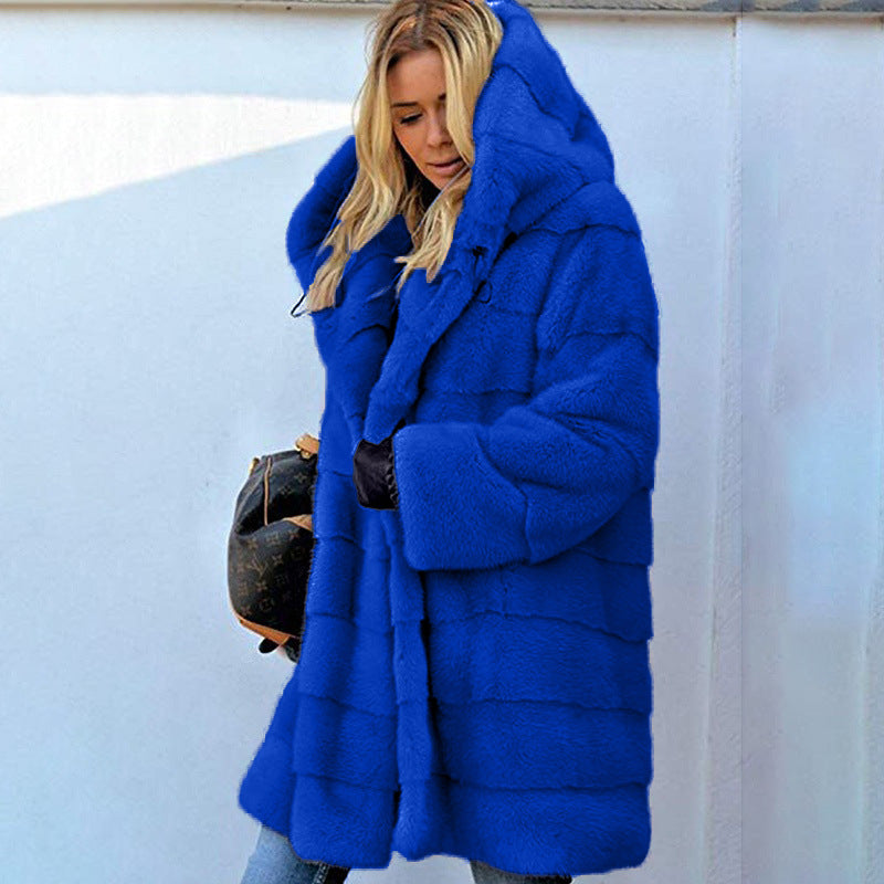 Solid Color Loose Plush Hooded Coatimitation Fur