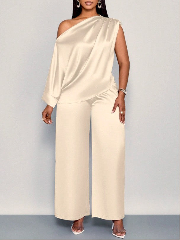 Long-sleeved Suit Off-shoulder Pullover Shirt Top And Loose Straight-leg Trousers Women's Clothing