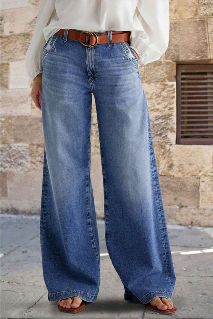 Embroidered Elastic-Waist Straight Pants