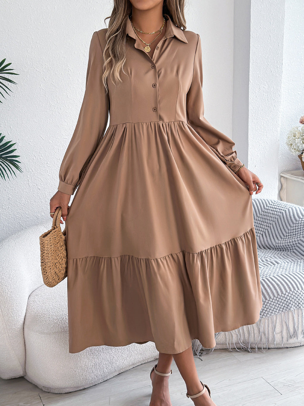 Women's Lapel Casual Loose Long Sleeve Ruffled Shirt Dresses Long Sleeved Turn-down Collar Single-Breasted Dress Spring Autumn Fashion Women's Clothin