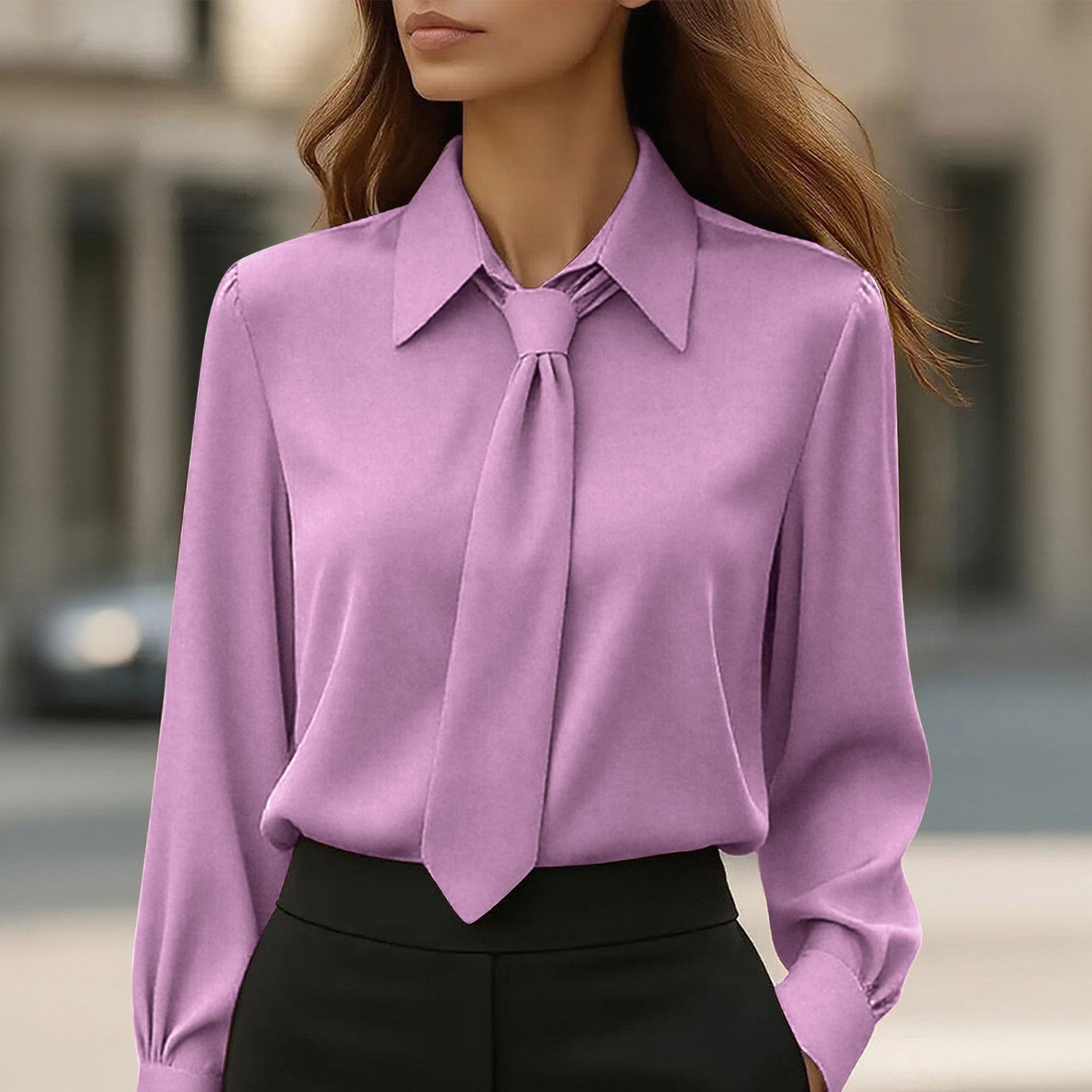 Womens Solid-Color Casual Tie Long-Sleeve French-Collar Shirt