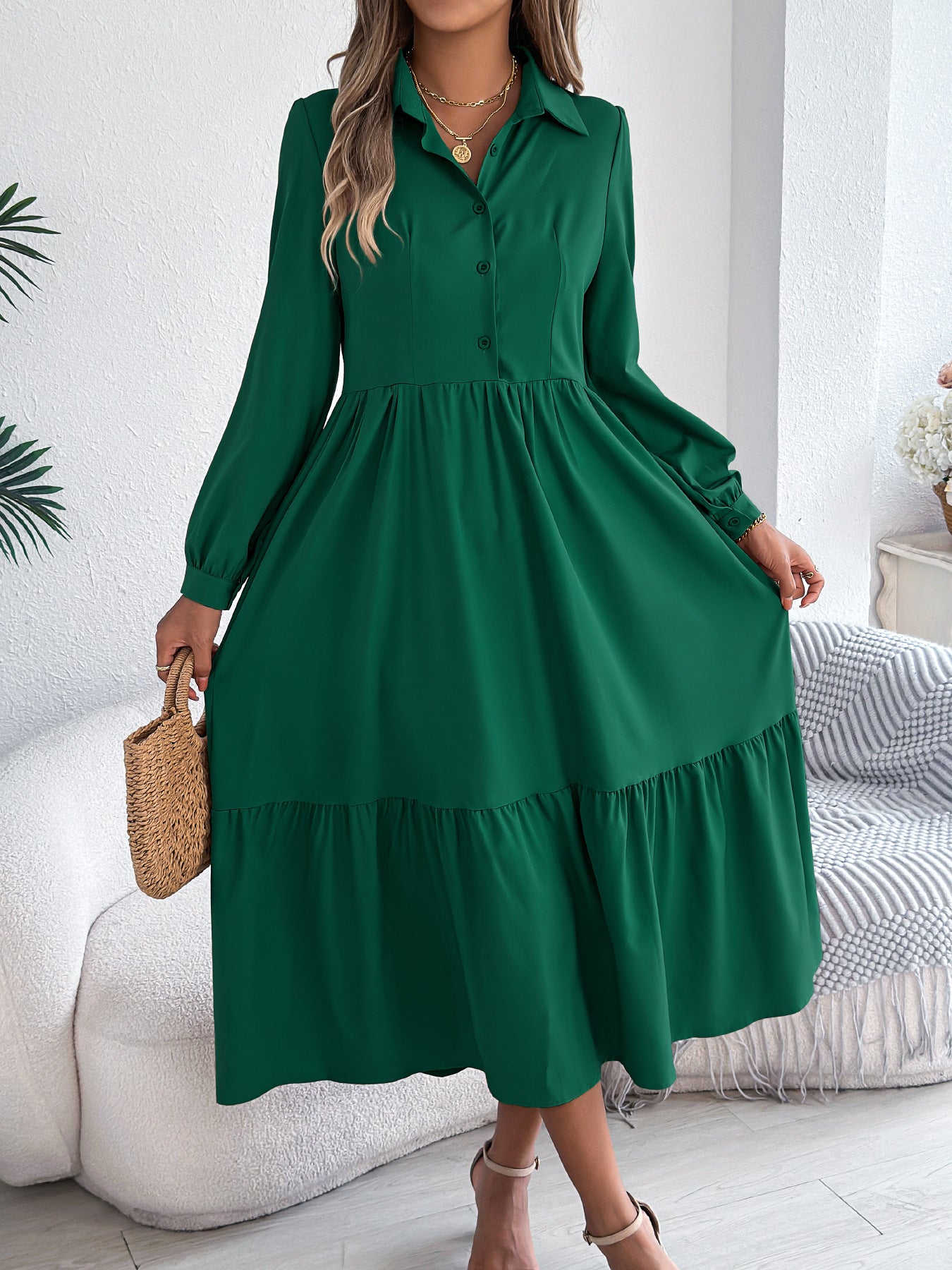 Women's Lapel Casual Loose Long Sleeve Ruffled Shirt Dresses Long Sleeved Turn-down Collar Single-Breasted Dress Spring Autumn Fashion Women's Clothin