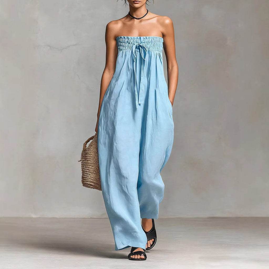 Women's Strapless Ruched Jumpsuit Summer Fashion Tie-up Loose Straight-leg Jumpsuit