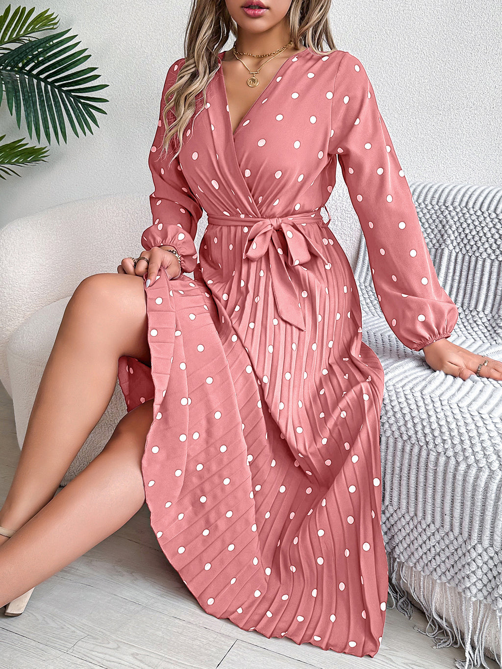 Spring Summer Elegant Long Dress Cross V-Neck Contrast Polka Dot Long Sleeve Pleated Bridesmaid Dresses