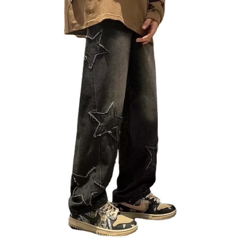 Star Embroidery Straight Casual Men Jeans Gothic Neutral New Wide Leg Loose Hip-hop Fashion Youth Streetwear Denim Trousers Y2K