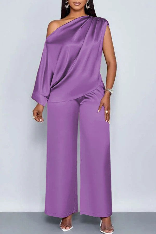 Long-sleeved Suit Off-shoulder Pullover Shirt Top And Loose Straight-leg Trousers Women's Clothing