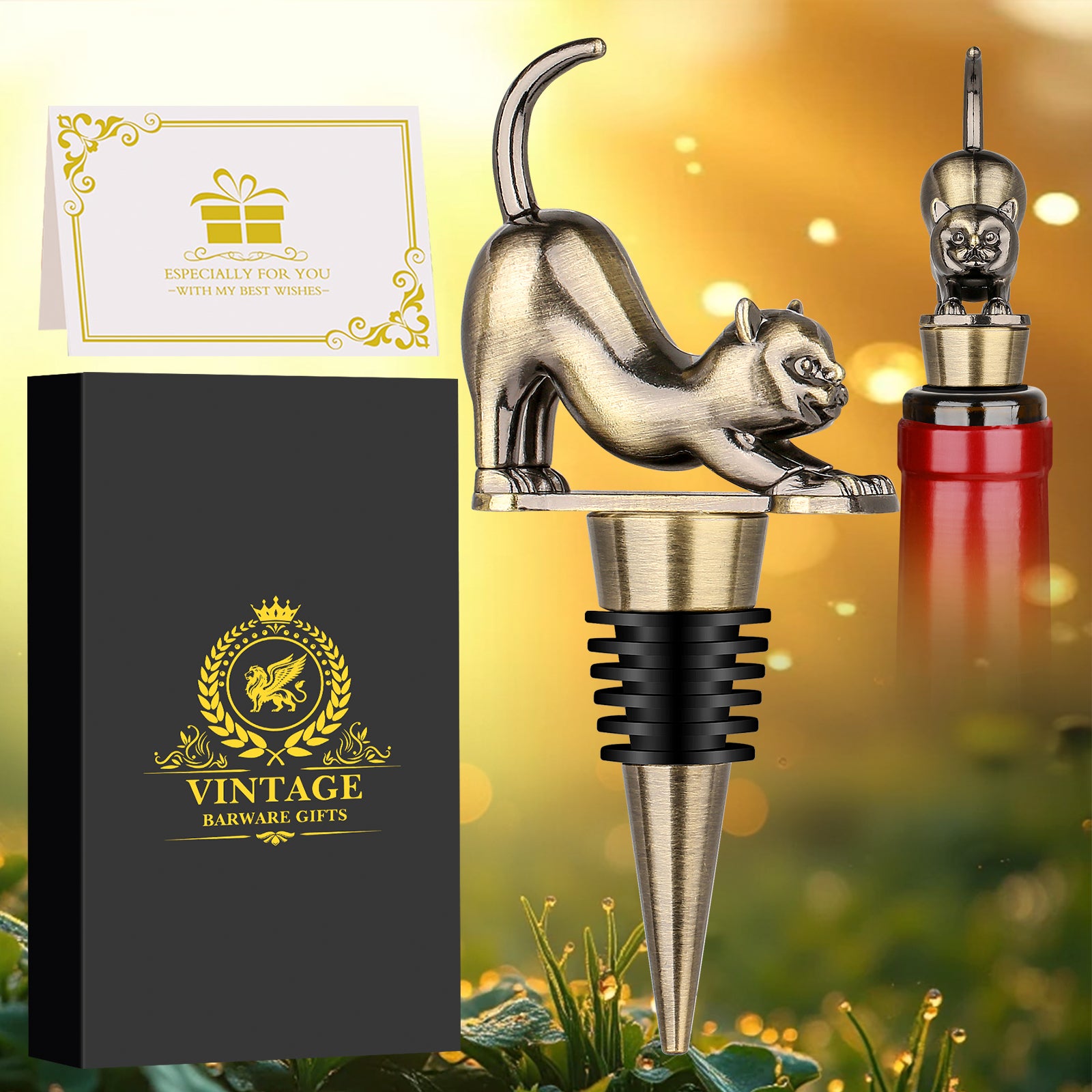Elegant Upturned Cat Shaped Red Wine Stopper Set With Metallic Luster Bottle Stopper Gift Box, High-end Accessories For Wine Enthusiasts, A Must-have