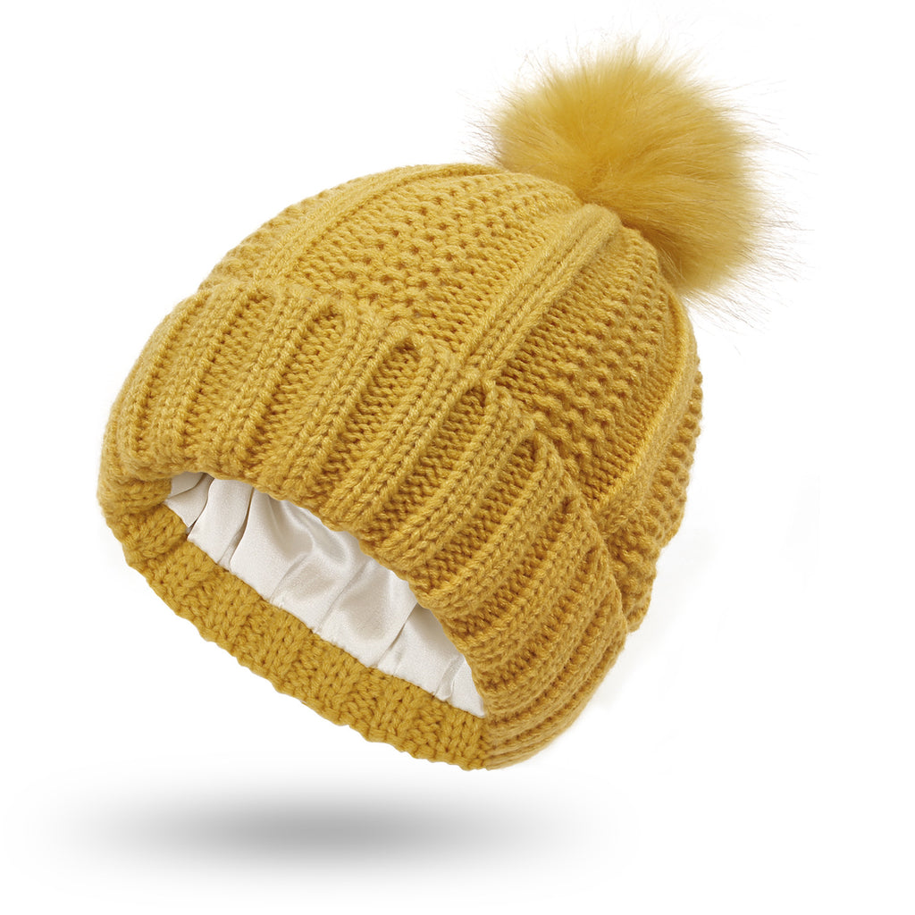 Satin-Lined Pom-Pom Beanie